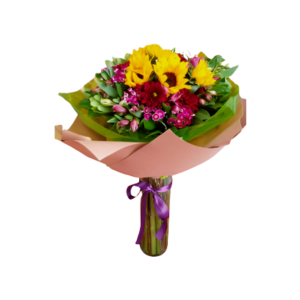 Ramo de Girasoles con margaritas, astromerias y follajes finos.  En papel decorativo o con Florero . Arreglo en tonos amarillos y morados. 